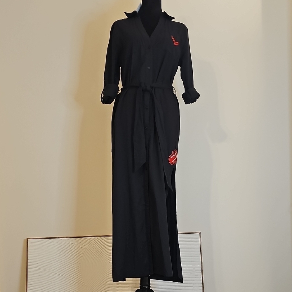 Elegant Black Maxi Dress with AC/DC And Rolling Stones Embroidered Decals